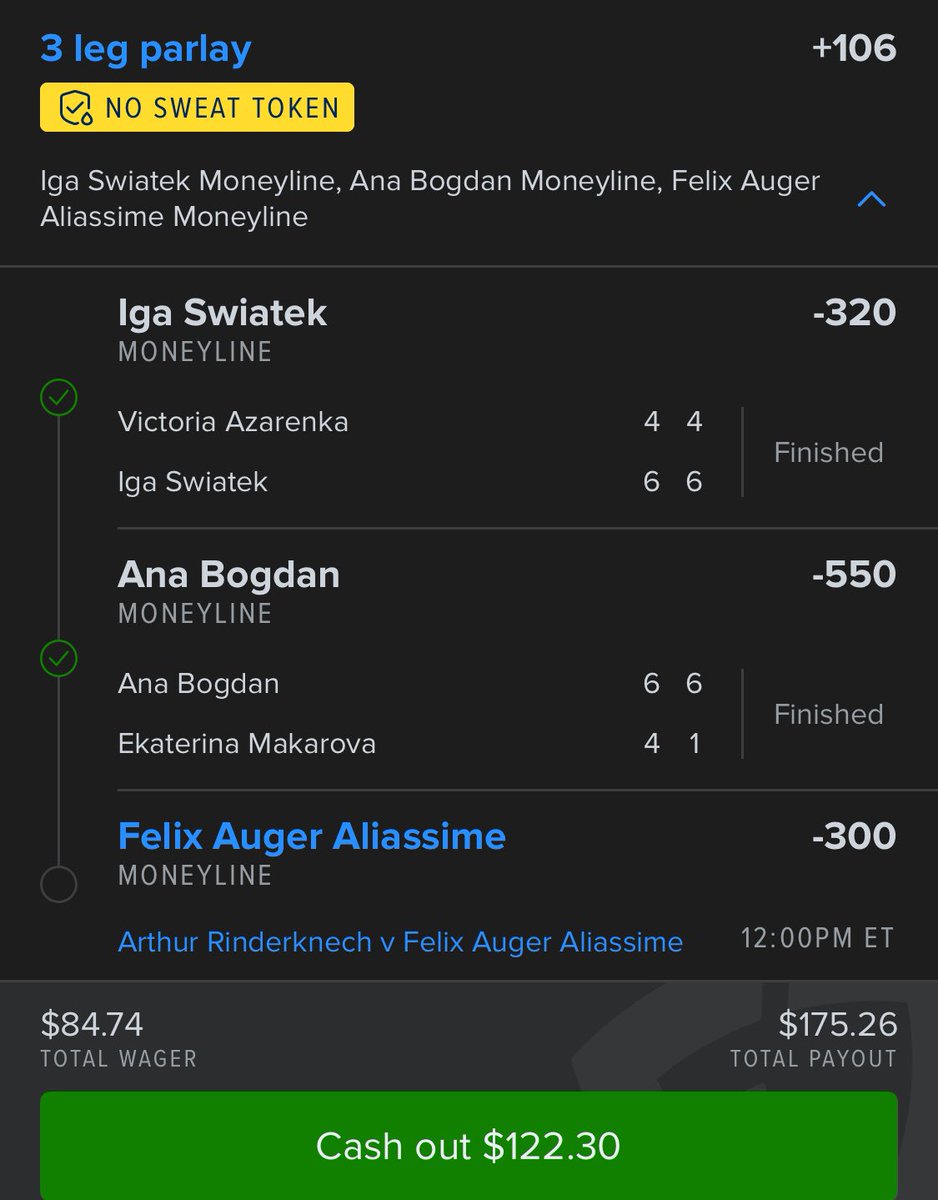 6wardSlash's tweet image. Cashout available on the free parlay I posted!! I still like Aliassime to win though so I’ll watch the match and go from there #smartmovesonly

#smopicks
#parlay
#picktune
#sportsbetting 
#bettingtips