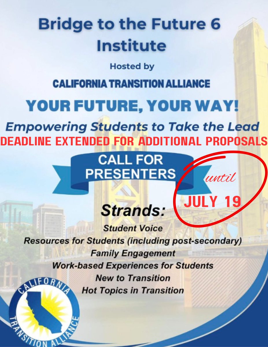 California Transition Alliance (@cata_transition) on Twitter photo We've extended the deadline for Call for Proposals! Please share how are you building capacity in youth or creating robust transition plans with them! Fill out attached application by July 19th! @JordanThomaIEP is our keynote! tinyurl.com/3b3sx24v
<a href="/ESGVCAC14/">ESGV SELPA CAC</a> <a href="/CaliforniaCTE/">California CTE</a> We've extended the deadline for Call for Proposals! Please share how are you building capacity in youth or creating robust transition plans with them! Fill out attached application by July 19th! @JordanThomaIEP is our keynote! tinyurl.com/3b3sx24v
<a href="/ESGVCAC14/">ESGV SELPA CAC</a> <a href="/CaliforniaCTE/">California CTE</a>