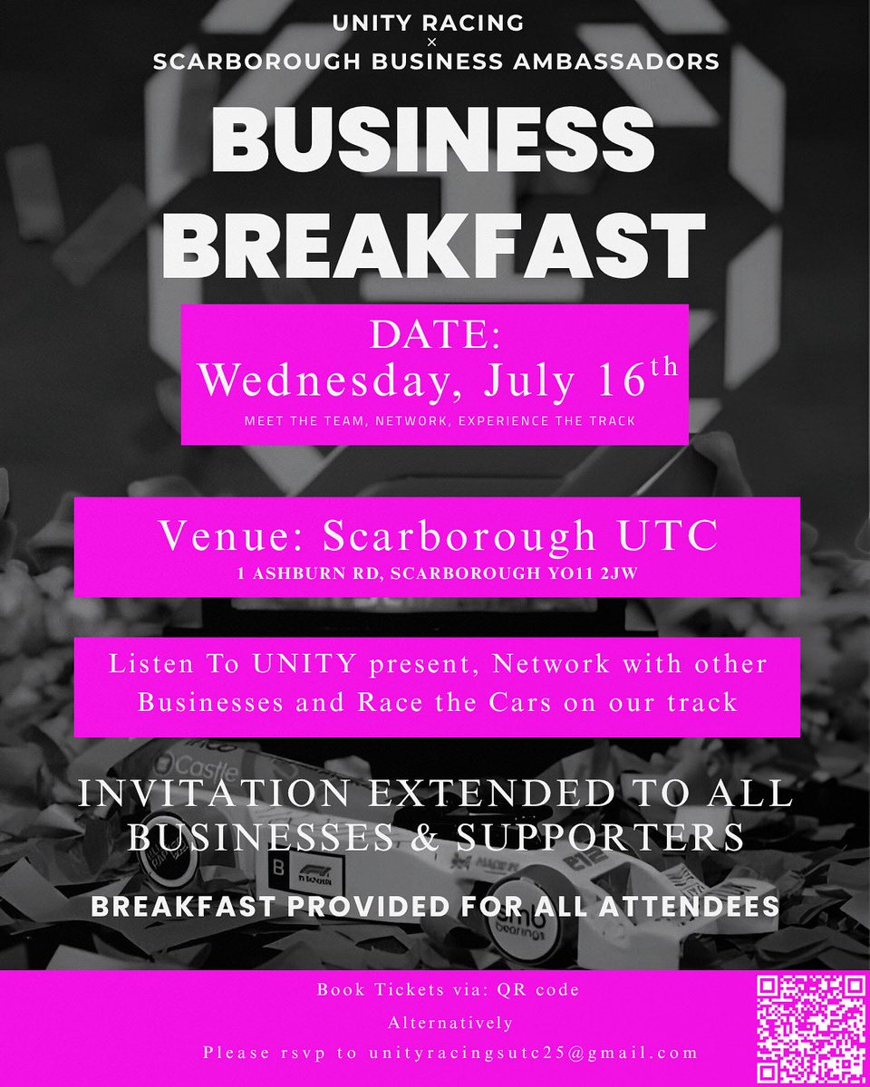 UnityRacingSUTC's tweet photo. 🚨Calling all local businesses &amp; supporters🚨
Join Unity Racing × Scarborough Business Ambassadors for a Business Breakfast on Wednesday, July 16th at Scarborough UTC 🏁

•Meet the team
•Network with other businesses
•Race the F1 in Schools cars
•Breakfast provided for all https://t.co/w5COtfDhBt