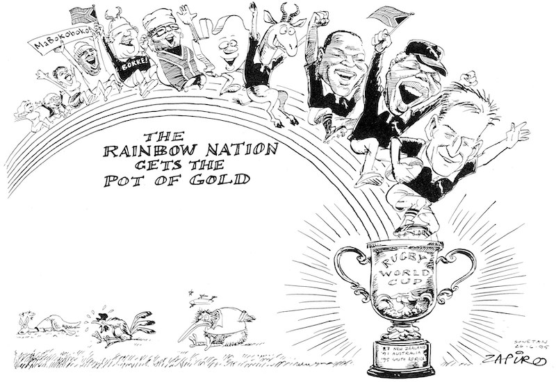 zapiro's tweet image. 30 years on...'Madiba Magic' inspired South Africa to win over New Zealand in the 1995 Rugby World Cup final - Zapiro's archival cartoon published in @SowetanLIVE (26 June 1995) @rugbyworldcup @SARugbymag @WorldRugby @Springboks - zapiro.com/950626so