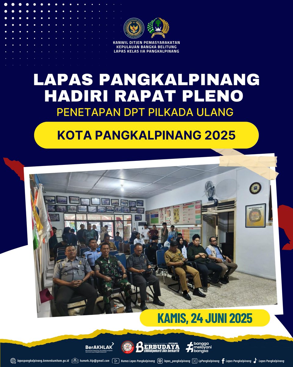 LpPangkalpinang's tweet photo. Lapas Pangkalpinang Hadiri Rapat Pleno Penetapan DPT Pilkada Ulang Kota Pangkalpinang 2025
selengkapnya: https://t.co/Fp6Vwhwcte
#kemenimipas
#guardandguide
#ditjenpas
#kanwilditjenpasbabel
#hermansawiran
#LapasPangkalpinangBerbudaya
#SugengIndrawan https://t.co/5CGiZs27c4