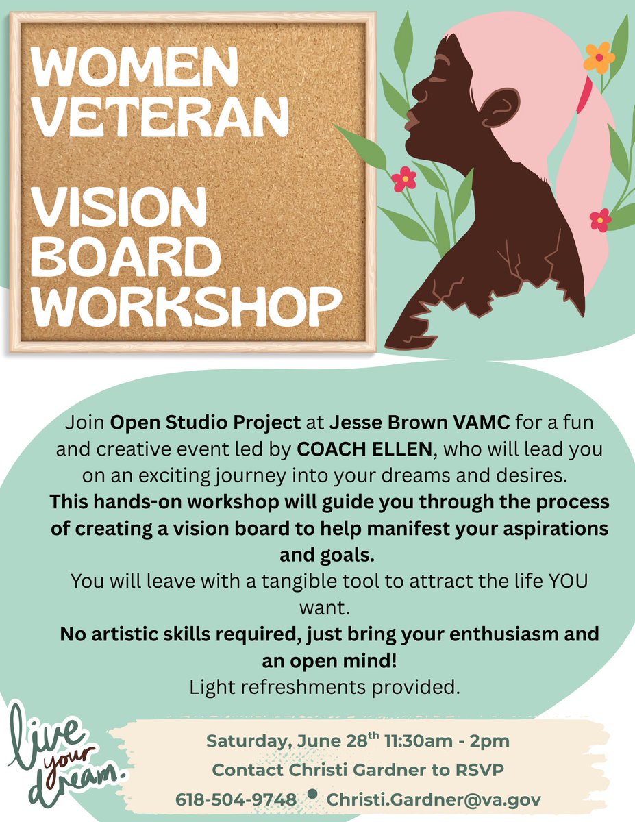Women Veteran Vision Board Workshop 
Join us to create a vision board to help bring your goals and aspirations to life—no artistic skills needed, just your imagination and dreams.

Jesse Brown VA Medical Center
June 28 | 11:30 AM – 2:00 PM

#WomenVeterans #VeteranWellness