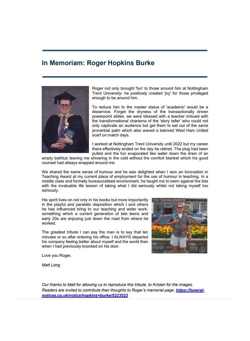 Thanks to the British Society of Criminology for publishing this obituary and in memoriam of Roger in their summer newsletter - and thanks to Linda and Matt for their contributions.