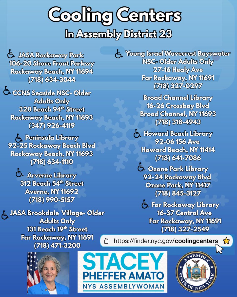 It's hot out there folks! NYC is under a heat advisory today, June 24th. Here are cooling centers in the 23rd Assembly District! Stay cool everyone! finder.nyc.gov/coolingcenters