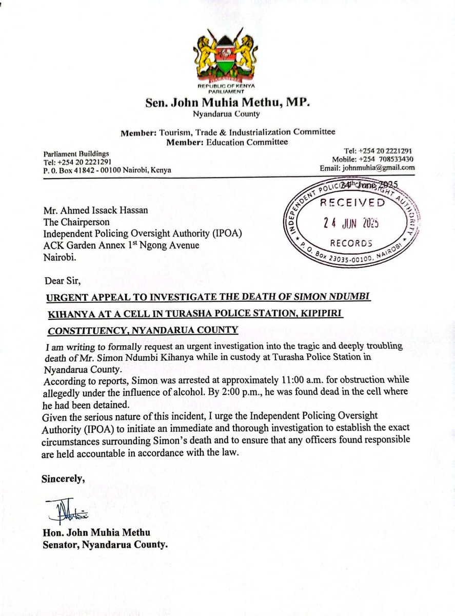 The Independent Policing Oversight Authority, IPOA, must not only investigate - it must give timely, clear responses to the public. Another life has been lost at Turasha Police Station in Githioro Ward, Kipipiri, under circumstances reported as "suicide."