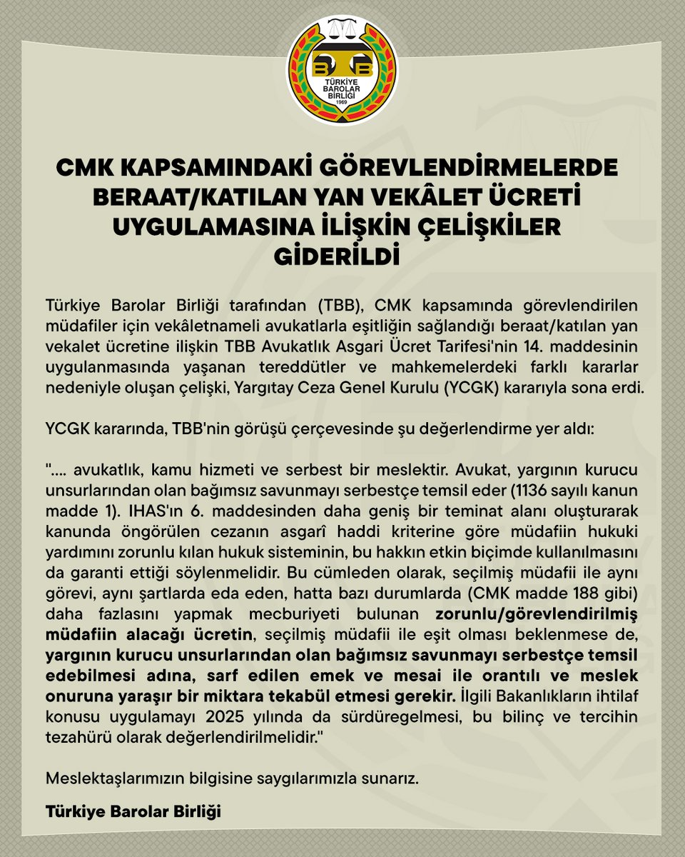 CMK Kapsamındaki Görevlendirmelerde Beraat/Katılan Yan Vekalet Ücreti Uygulamasına İlişkin Çelişkiler Giderildi

👉 barobirlik.org.tr/Haberler/85759