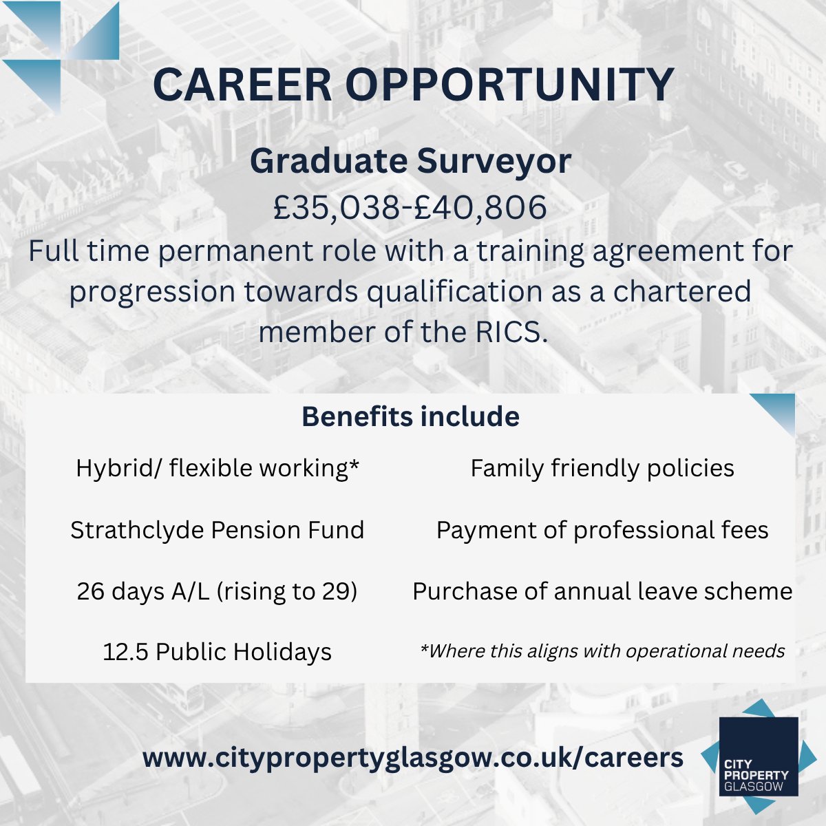 CityPropertyLLP's tweet image. We're seeking a Graduate Surveyor to provide cross functional support across professional surveying teams, whilst progressing towards qualification as a Chartered Member of the RICS.
citypropertyglasgow.co.uk/careers/
#Glasgow #GlasgowJobs #Careers #Surveyor #Surveying #RICS #Graduate…