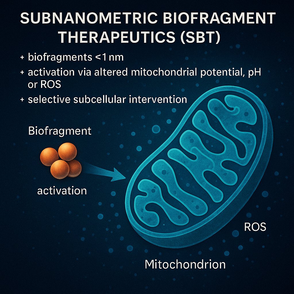 🚀 A new class of therapeutics:
Subnanometric Biofragment Therapeutics (SBT)
<1nm biofragments targeting tumor mitochondria.
Activated by abnormal ΔΨm.
AI-designed.
Zero bioaccumulation.
Next-gen precision.

#SBT #DrugDiscovery #Nanomedicine #AIinBiotech #MitochondriaTargeting
