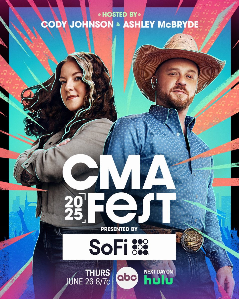 959texascountry's tweet photo. Don’t miss @CodyJohnson and @AshleyMcBryde host CMA Fest presented by @SoFi,
Thursday, June 26 at 8/7c on @ABCNetwork! Stream next day on @Hulu. Join the
conversation using #CMAfest! https://t.co/yHtkiCPUsX