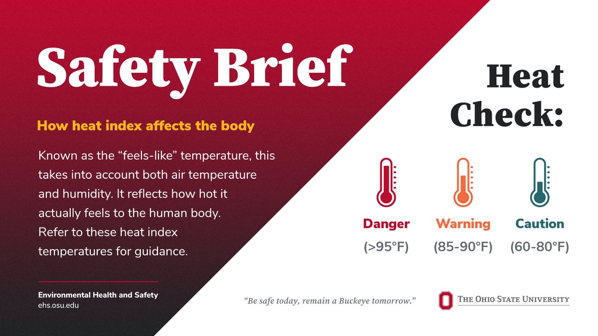 OhioStateFOD's tweet image. With the summer heat in full swing, follow the guidelines below to know what your body is feeling while out and about!☀️ 🔥