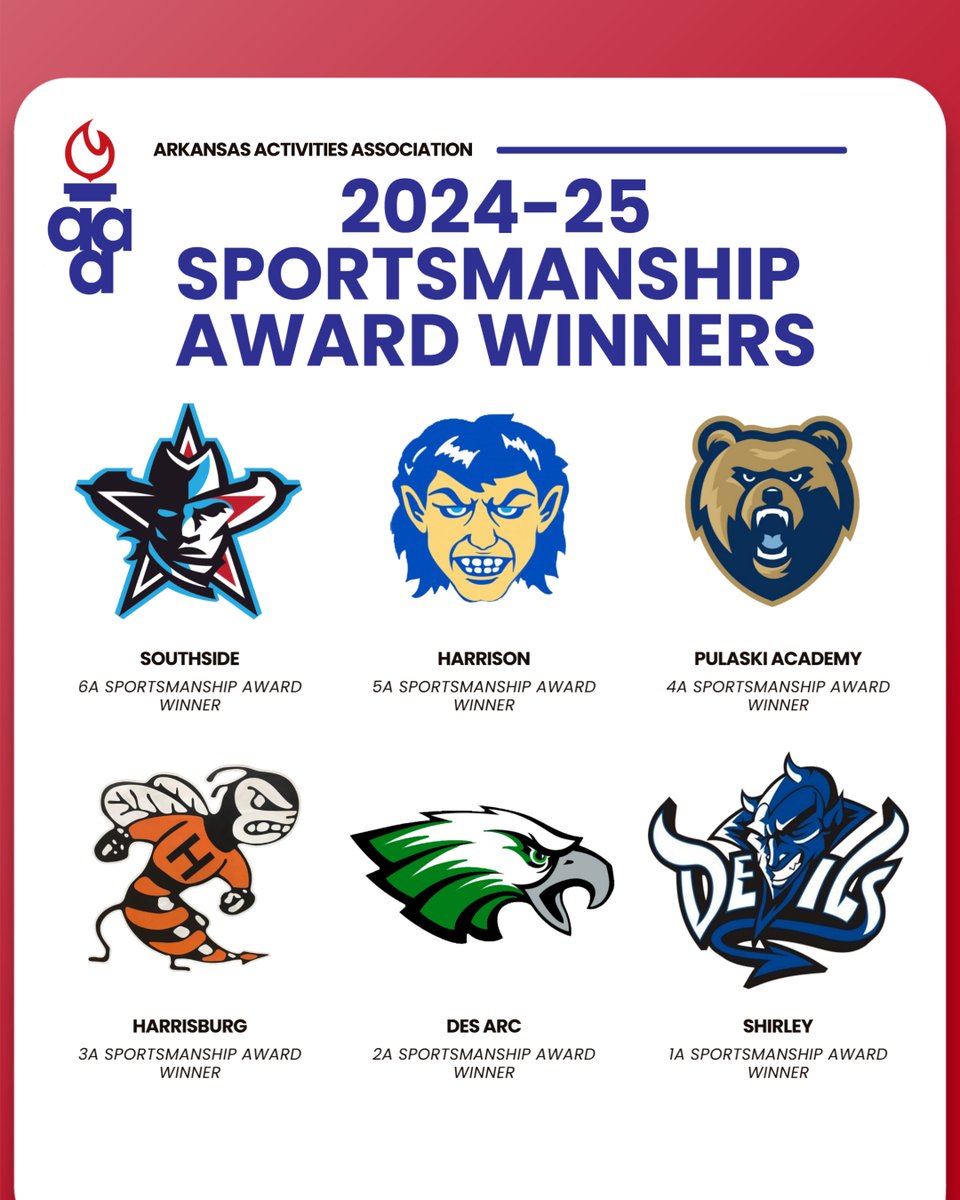 The schools have voted, and here are the classification winners for the 2024-25 Sportsmanship Award!

This award recognizes exemplary behavior and efforts as they relate to the criteria stated in the AAA Sportsmanship Manual.