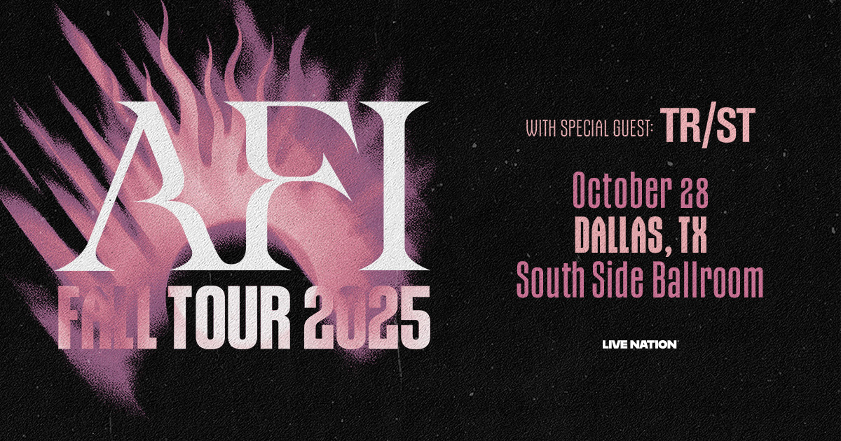 JUST ANNOUNCED - AFI is heading to <a href="/SSBallroom/">South Side Ballroom at Gilley's Dallas</a> on October 28th with TR/ST. Presale starts Thursday, June 26 at 10am with code TREBLE. Tickets are on sale Friday, June 27 at 10am!

Get more info now 👉 livemu.sc/4k6t4Sv