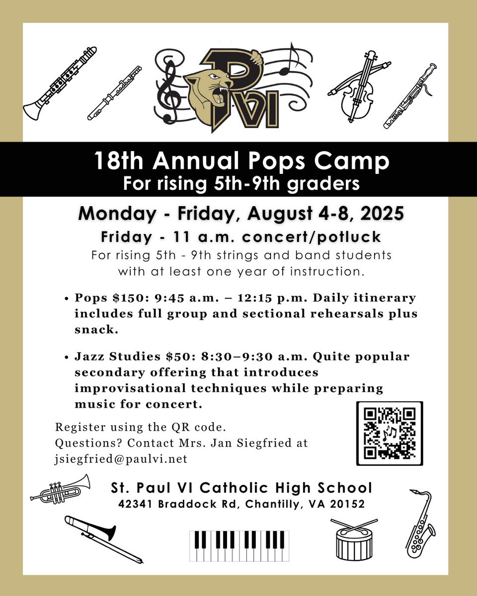 🎶 Calling all rising 5th-9th grade strings and band students! The PVI Pops Camp still has spots available for you to join us for an unforgettable musical experience! 🥁🎻 Monday-Friday, August 4-8  Sign up now! bit.ly/4nco3e1