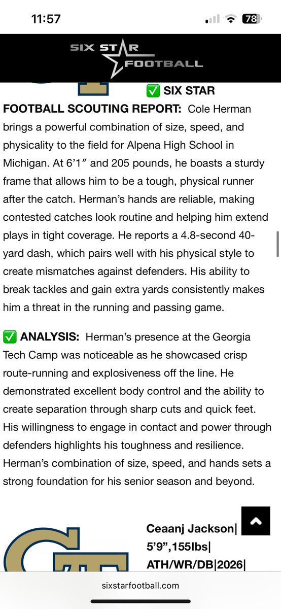 Cole Herman (@herman_cole8015) on Twitter photo Thank you to <a href="/sixstarfootball/">Six Star Football | PLUS+</a> for the scouting report.
I had an amazing time at Georgia Tech and it’s great to see my efforts being noticed.
Also, to clear up any confusion, I’m from McIntosh highschool in Georgia.
<a href="/chowan6464/">Derek Smith</a> <a href="/CoachJBlack/">Coach Black 🏈</a> <a href="/RecruitMcintosh/">Mcintosh Football</a> <a href="/GeorgiaTechFB/">Georgia Tech Football</a> Thank you to <a href="/sixstarfootball/">Six Star Football | PLUS+</a> for the scouting report.
I had an amazing time at Georgia Tech and it’s great to see my efforts being noticed.
Also, to clear up any confusion, I’m from McIntosh highschool in Georgia.
<a href="/chowan6464/">Derek Smith</a> <a href="/CoachJBlack/">Coach Black 🏈</a> <a href="/RecruitMcintosh/">Mcintosh Football</a> <a href="/GeorgiaTechFB/">Georgia Tech Football</a>