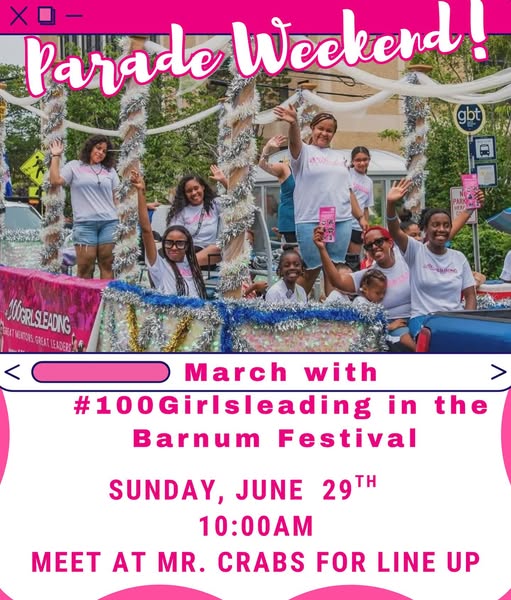100GirlsLeading is bringing the energy to the Barnum Festival Parade! Support the squad as they march together this Sunday, June 29th at 10:00 AM. Parade line-up will begin at Mr. Crabs — come cheer them on and join the celebration! 🎉💖