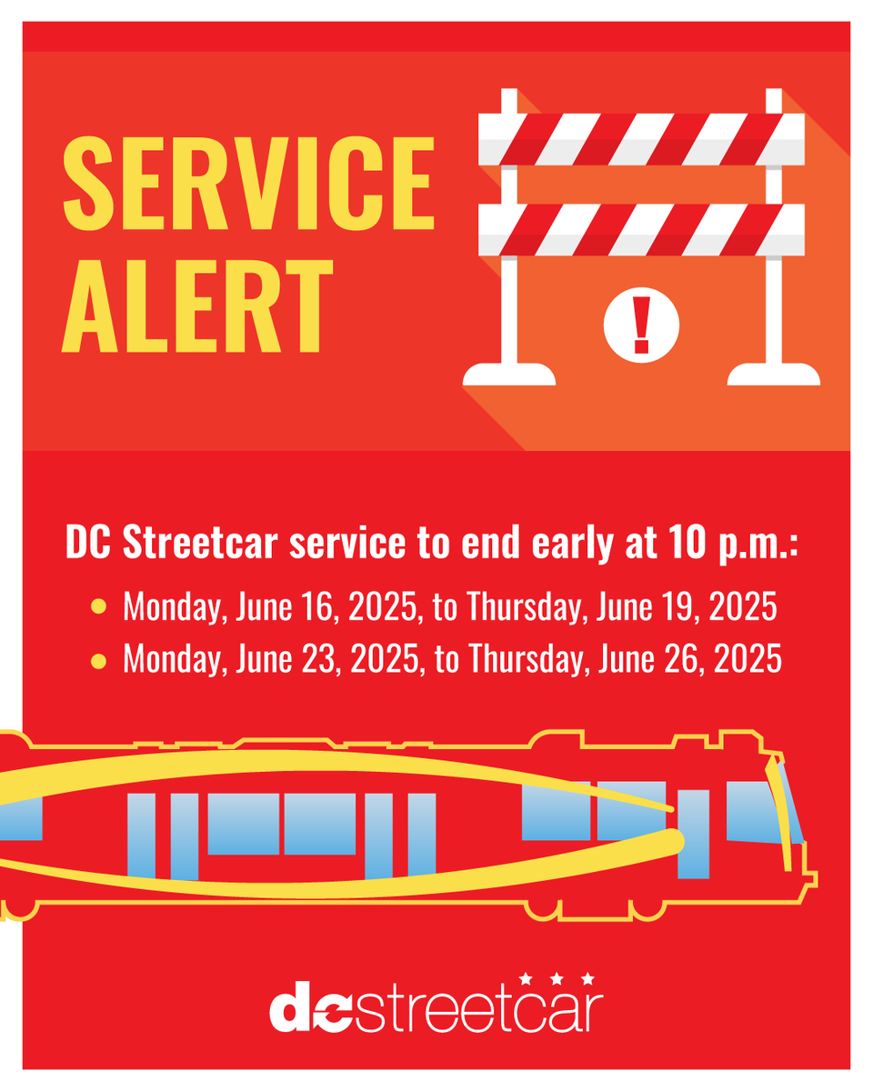 #ICYMI DC Streetcar service will end at 10 p.m. until Friday, 6/27, due to overnight construction. Please plan your trips accordingly, and thank you for your patience. For more information, click here ➡️ bit.ly/4nibj5A