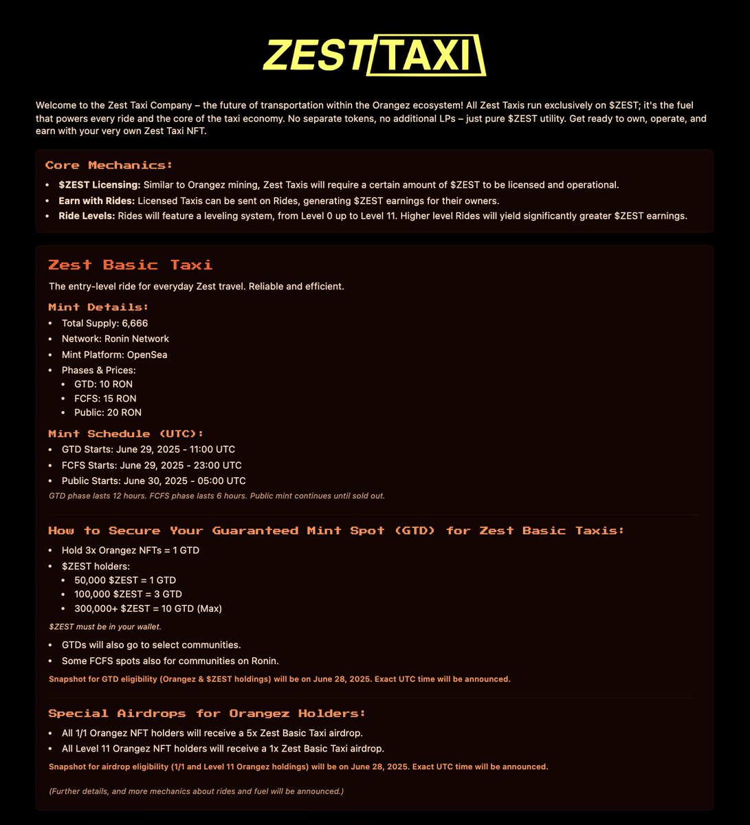 Zest Taxi Company is pulling up.
Orangepaper updated with all launch details — phases, GTD spots &amp; more.

📘 paper.orangez.io

Stay sharp.