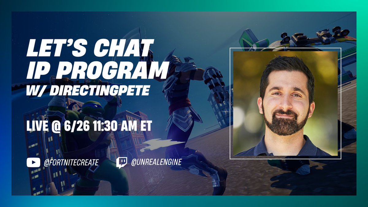 Fortnite Creators (@fncreate) on Twitter photo Thursday would be a great day for a talk, so let's chat!
<a href="/Directingpete/">DirectingPete</a> will be directing traffic for the stream, where we'll talk IP Program with some special guests.
Join us on Thursday at 11:30AM ET: youtube.com/@FortniteCreate Thursday would be a great day for a talk, so let's chat!
<a href="/Directingpete/">DirectingPete</a> will be directing traffic for the stream, where we'll talk IP Program with some special guests.
Join us on Thursday at 11:30AM ET: youtube.com/@FortniteCreate