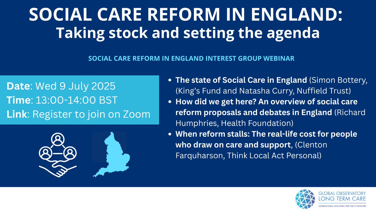 📢 Webinar

Join us on 9 July for a discussion on 

#SocialCare Reform in England: taking stock and setting the agenda 🪏

With 
<a href="/blimeysimon/">Simon Bottery</a> of <a href="/TheKingsFund/">The King's Fund</a>
<a href="/NatashaCurry123/">Natasha Curry</a> of <a href="/NuffieldTrust/">Nuffield Trust</a>,
<a href="/RichardnotatKF/">Richard Humphries 💚</a> 
<a href="/clentonF/">Dr C Farquharson CBE</a> of <a href="/TLAP1/">Think Local Act Personal</a> 

Free registration: lse.zoom.us/meeting/regist…