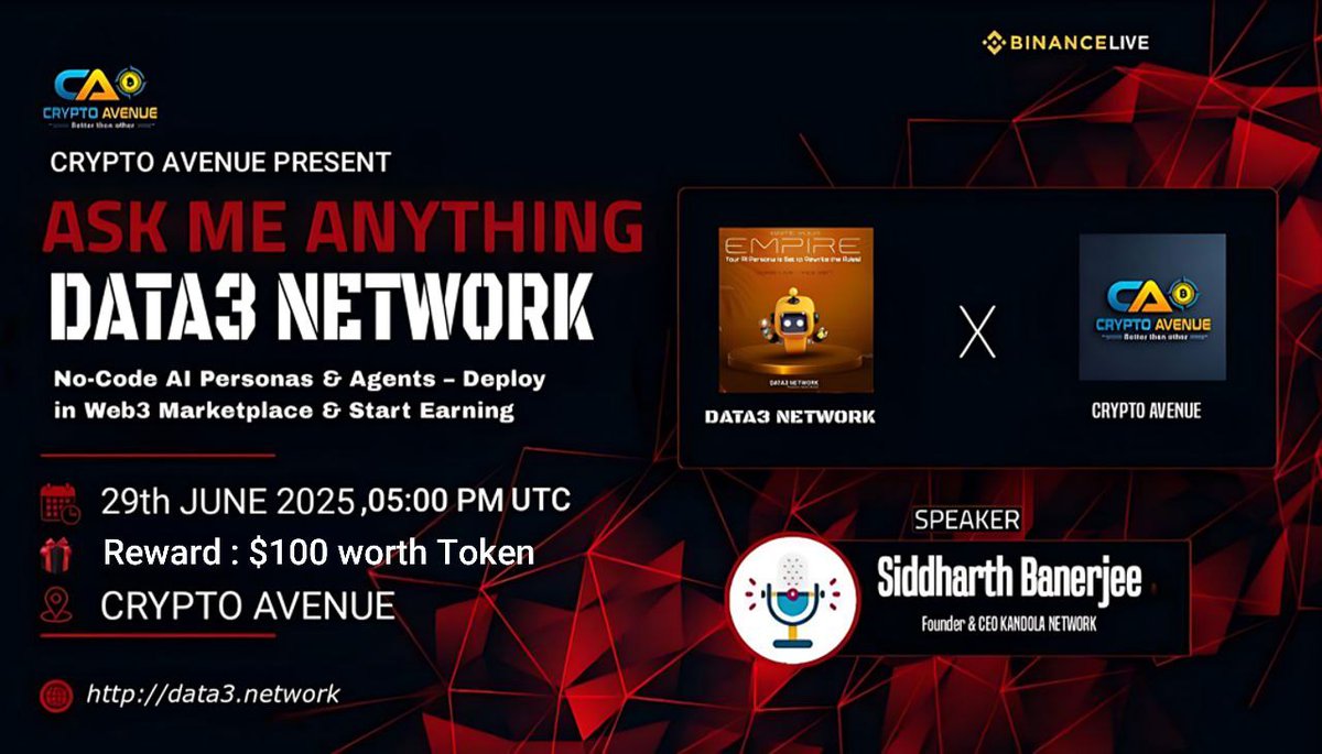 🎙Don't miss out on the opportunity to join us for a #BinanceLiveAMA with Data3 network.

◾️an innovative platform revolutionizing Web3

🕰 29th June, 5 PM UTC
💰 $100 Token
🗣 Caitlyn &amp; Siddharth Banerjee

🏛 Venue: binance.com/en/live/u/3213…

📌 Rules:
1️⃣ Follow <a href="/KandolaNetwork/">Data3.Network</a>