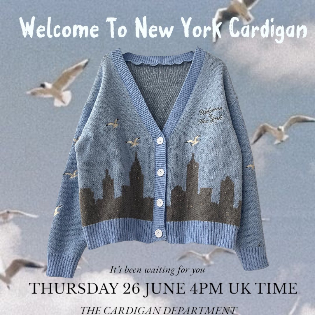 Introducing the Welcome To New York Cardigan - a skyline knit inspired by the city that never sleeps 🌃 

Launching Thursday 26 June at 4PM UK Time
Only at The Cardigan Department 🩵
Collection details dropping soon...