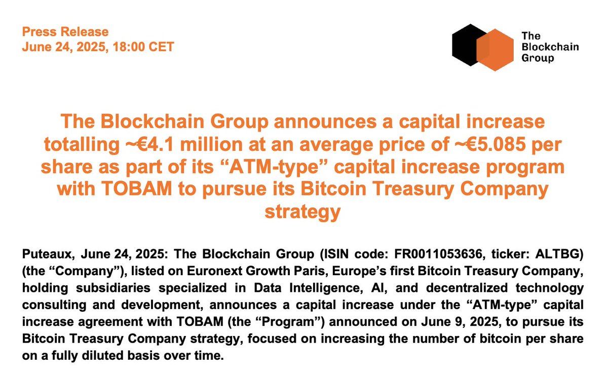 _ALTBG's tweet image. 🟠The Blockchain Group announces a capital increase totalling ~€4.1 million at an average price of ~€5.085 per share as part of its “ATM-type” capital increase program with TOBAM to pursue its Bitcoin Treasury Company strategy⚡️
Full Press Release (EN): theblockchain-group.com/wp-content/upl……