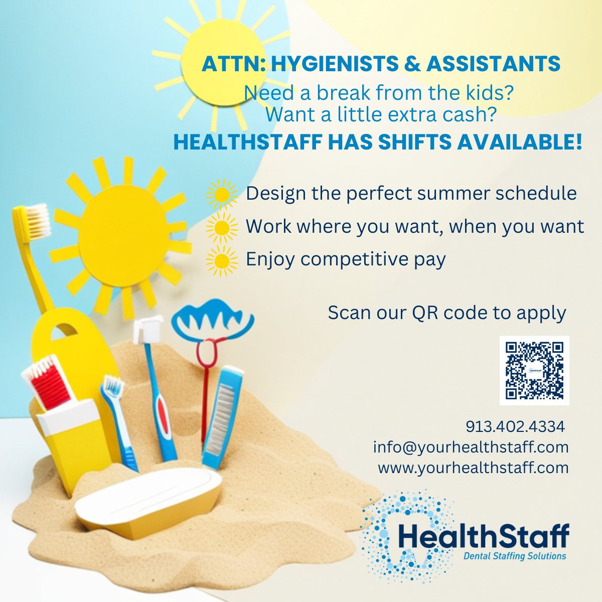HealthStaffKC's tweet photo. Attention: RDHs &amp; DAs!
 
Design the perfect summer schedule!
 
Work where you want when you want while enjoying competitive pay with HealthStaff. 
 
Earn some extra cash for family vacations &amp; outings. Apply today!
 
913.402.4334
info@yourhealthstaff.com
https://t.co/B7kU3NR6ni https://t.co/0sieHJTJve