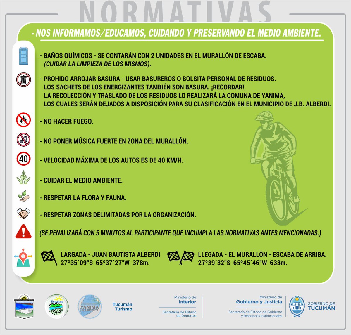 🚵‍♀️ Desafío Escaba Segunda Edición 🚵‍♀️

Este domingo 29 de junio se correrá la cuarta fecha del Campeonato Zona Deportiva, segunda edición del desafío Escaba en Juan Bautista Alberdi. 

Podes inscribirte hasta el jueves 26 de Junio a las 22 h. 
👉link: sportmetric.net/#/events/profi…
#mtb
