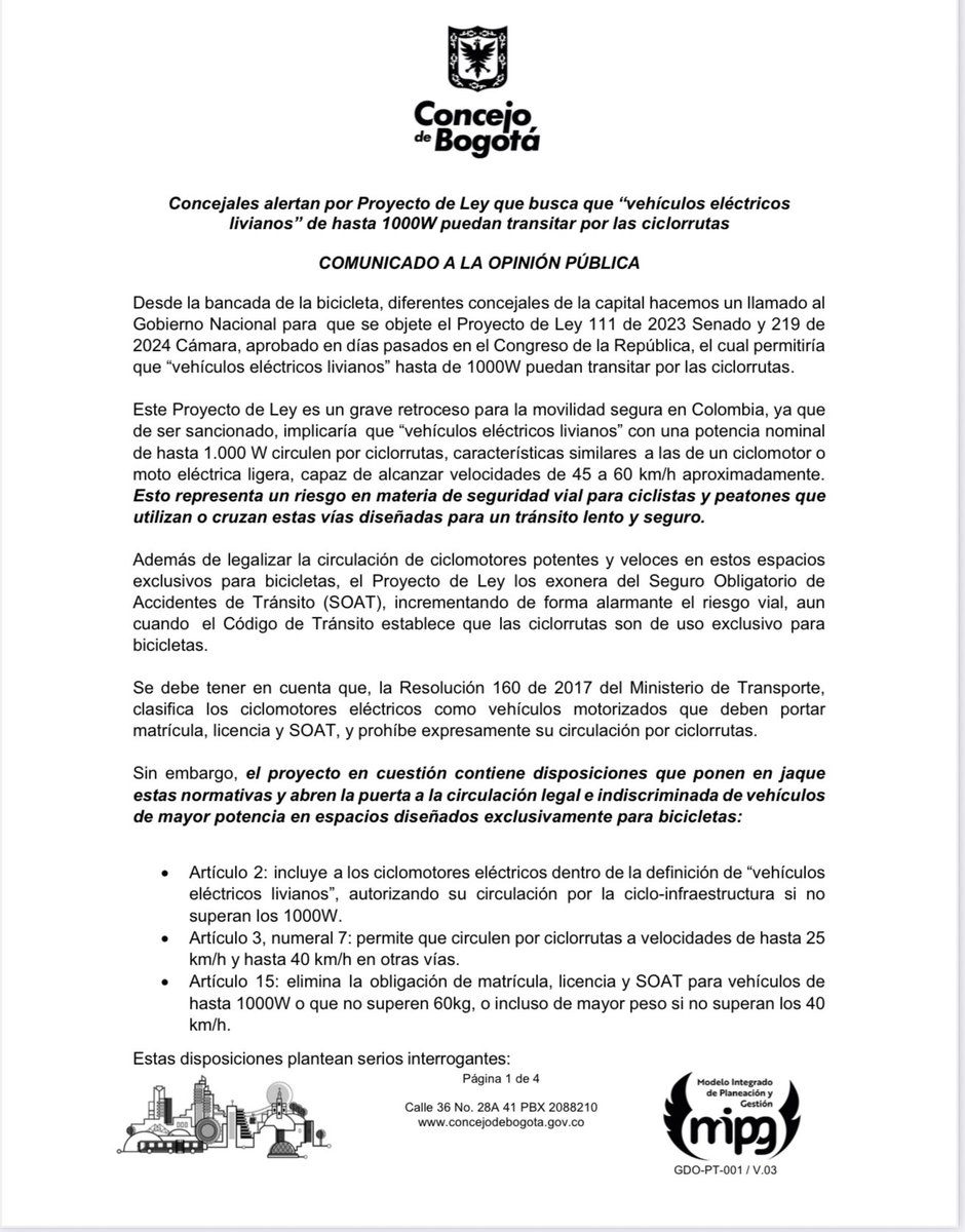 JD_Quinteror's tweet photo. Desde la Bancada de la Bicicleta, 18 Concejales de Bogotá de diferentes partidos rechazamos el Proyecto de Ley 111 de 2023 de autoría del Senador @JulioEliasVidal que busca legalizar las motos eléctricas en las ciclorutas y quitarles el SOAT. Pedimos que @petrogustavo lo objete. https://t.co/m654dq6nZC