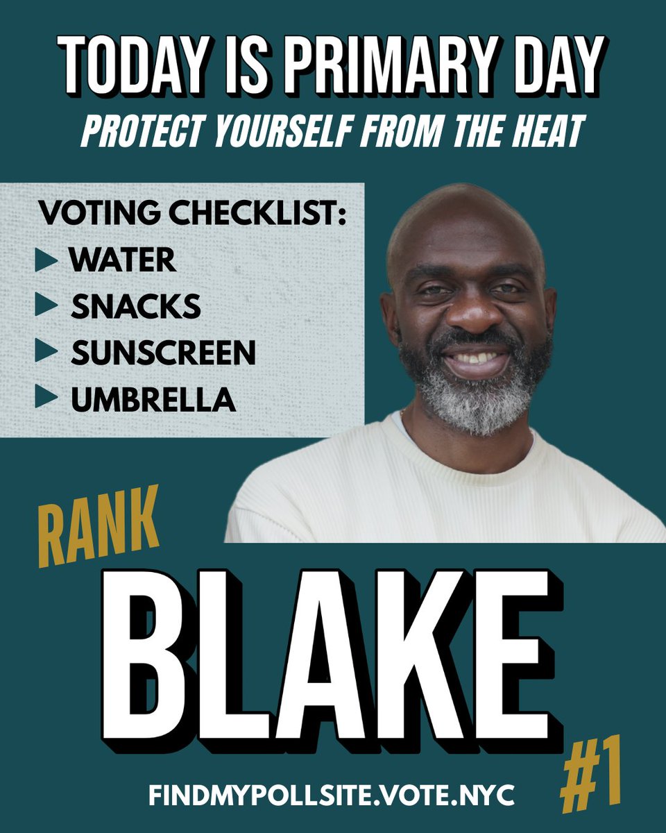 blake4nycmayor's tweet image. It's hot out there today! Protect yourself from the heat. Find your polling site: findmypollsite.vote.nyc
#NYCprimary #GOTV #BlakeForNYC #BelieveInBlake