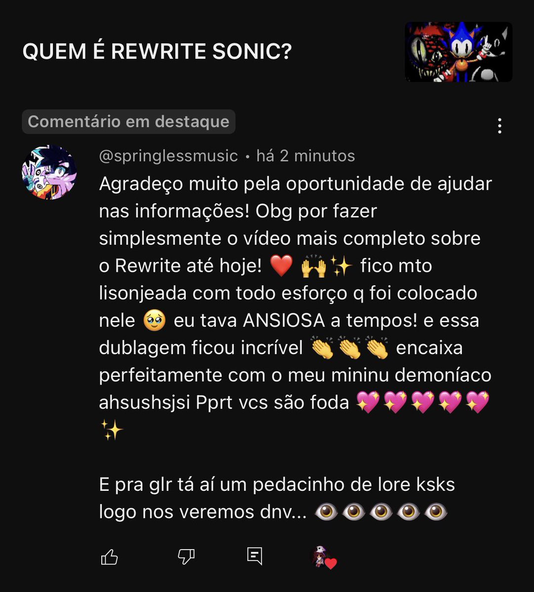 The SlendyMan 🎩 (@tslendyman) on Twitter photo Mesmo QUE ELA JA TIVESSE ME DITO QUE IRIA ASSISTIR E TER AJUDADO EM TODO O VIDEO!
Eu fico EXTREMAMENTE LISONJEADO EM VER QUE A <a href="/SpringlessEcho/">Springless (20/20 Slots Closed)</a> A CRIADORA DO REWRITE! E que me ajudou durante todo o video! COMENTOU E GOSTOU DO MESMO! MUITO OBRIGADO MESMK SPRINGLESS 🥹 Mesmo QUE ELA JA TIVESSE ME DITO QUE IRIA ASSISTIR E TER AJUDADO EM TODO O VIDEO!
Eu fico EXTREMAMENTE LISONJEADO EM VER QUE A <a href="/SpringlessEcho/">Springless (20/20 Slots Closed)</a> A CRIADORA DO REWRITE! E que me ajudou durante todo o video! COMENTOU E GOSTOU DO MESMO! MUITO OBRIGADO MESMK SPRINGLESS 🥹