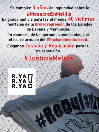 #24J Se cumplen 3 años de impunidad sobre la #MasacreEnMelilla
Exigimos justicia para las al menos 40 víctimas mortales de la brutal represión del brazo armado del #RacismoInstitucional de España y Marruecos.
Exigimos Justicia y Reparación para la NO repetición✊🏾
#JusticiaMelilla