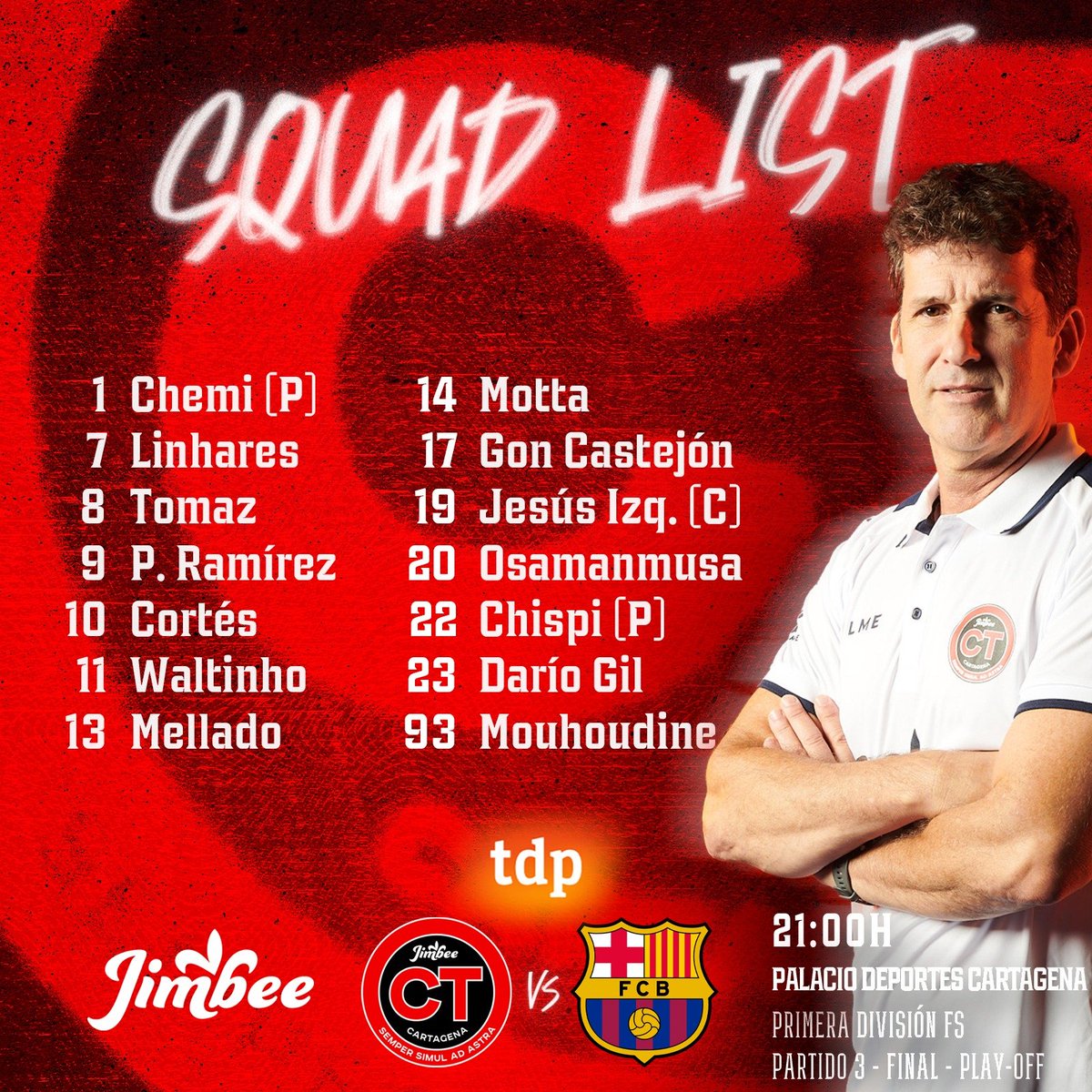 𝗖𝗢𝗡𝗩𝗢𝗖𝗔𝗧𝗢𝗥𝗜𝗔 👥🏆 | Los 1️⃣4️⃣ convocados para el tercer partido de la 𝐅𝐈𝐍𝐀𝐋 del 𝗣𝗹𝗮𝘆-𝗢𝗳𝗳 de 𝑷𝒓𝒊𝒎𝒆𝒓𝒂 𝑫𝒊𝒗𝒊𝒔𝒊ó𝒏 𝑭𝑺 ❤️🤍

Juntos, familia 🍍🇩🇰

⏰ 21:00
📺 <a href="/teledeporte/">Teledeporte</a>

#JimbeeBarça #PrimeraDivisiónFS