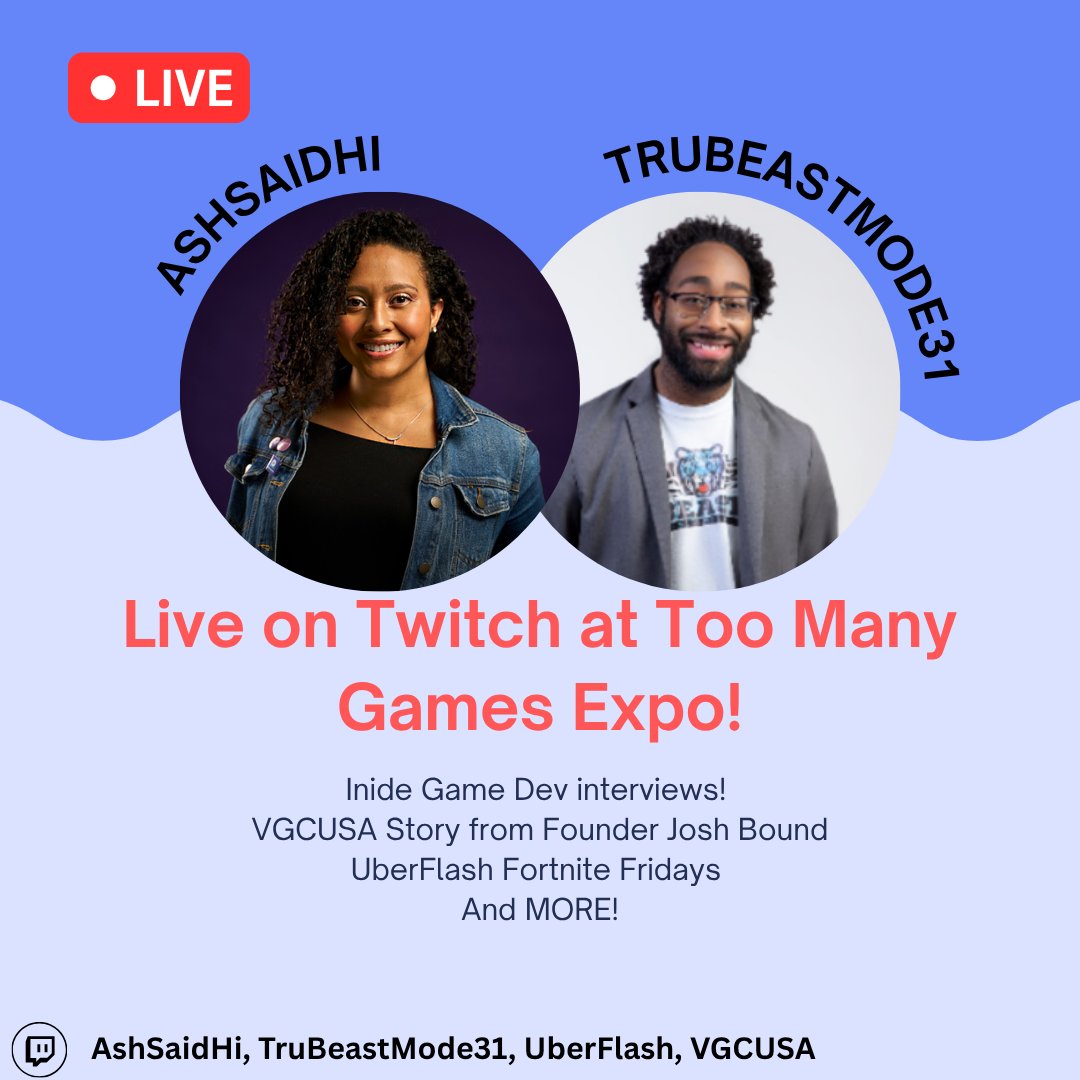 ATTENTION! We have special guests joining us this weekend at #toomanygames2025. Welcome <a href="/ashsaidhi/">AshSaidHi</a> , <a href="/TruBeastMode31/">TruBeastMode31</a> , and <a href="/MikahFunk/">überFlash</a> . They will be attending our booth and streaming/hosting events all weekend! Join these talented people and us here at vgcusa this weekend!
