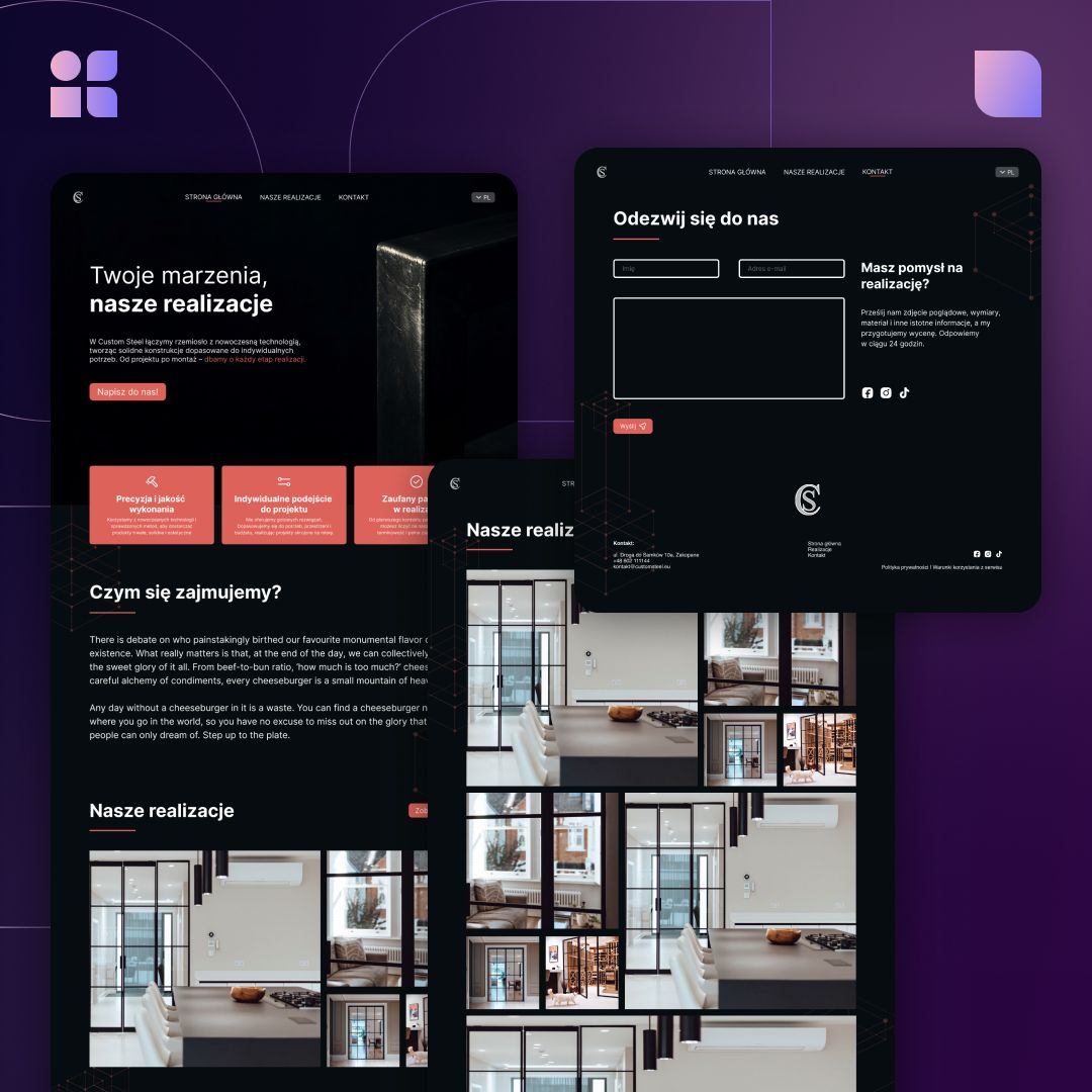 Nowy projekt strony dla Custom Steel — od koncepcji po prototyp ✨
Minimalizm, mocna typografia i akcenty rysunku  technicznego.
💬 Co sądzisz o takim stylu?
Zostaw komentarz — każda opinia się liczy!
#webdesign #uxuidesign #branding #projektowanie #figma #designerlife