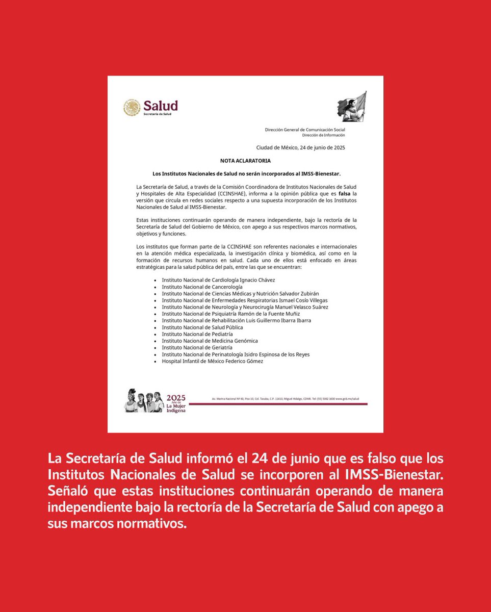 InfodemiaMx (@infodemiamex) on Twitter photo ❌Falso que 13 Institutos Nacionales de Salud serán incorporados al <a href="/IMSS_Bienestar/">IMSS Bienestar</a>
✅La <a href="/SSalud_mx/">SALUD México</a> informó el 24 de junio que es falso que los Institutos Nacionales de Salud se incorporen al IMSS-Bienestar. Señaló que estas instituciones continuarán operando de manera ❌Falso que 13 Institutos Nacionales de Salud serán incorporados al <a href="/IMSS_Bienestar/">IMSS Bienestar</a>
✅La <a href="/SSalud_mx/">SALUD México</a> informó el 24 de junio que es falso que los Institutos Nacionales de Salud se incorporen al IMSS-Bienestar. Señaló que estas instituciones continuarán operando de manera
