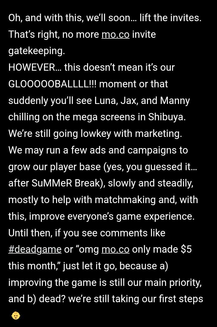 🚫✉️ Moco will soon completely get rid of Invites! (not actual big global launch yet)

Read more below in Joao's Article about things like big XP Buffs and Monster balance changes!