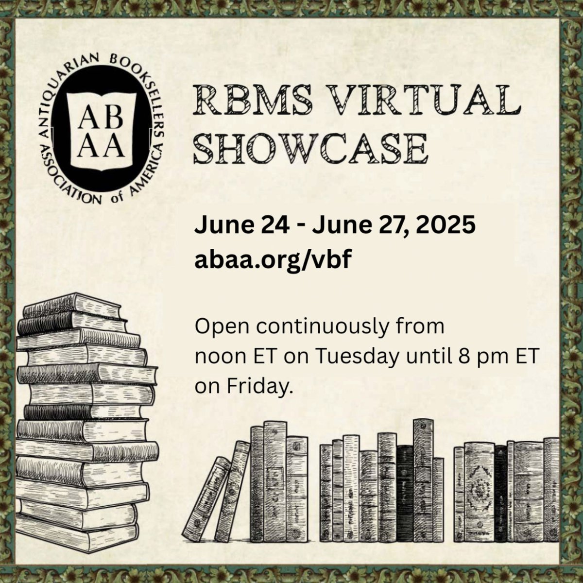 The ABAA RBMS Virtual Showcase, a virtual book fair in conjunction with the annual RBMS conference, is now open!

Shop the Fair: abaa.org/vbf

Doors will remain open continuously until 8 pm ET on Friday, June 27, 2025.

#RareBooks #Ephemera #ABAAVBF