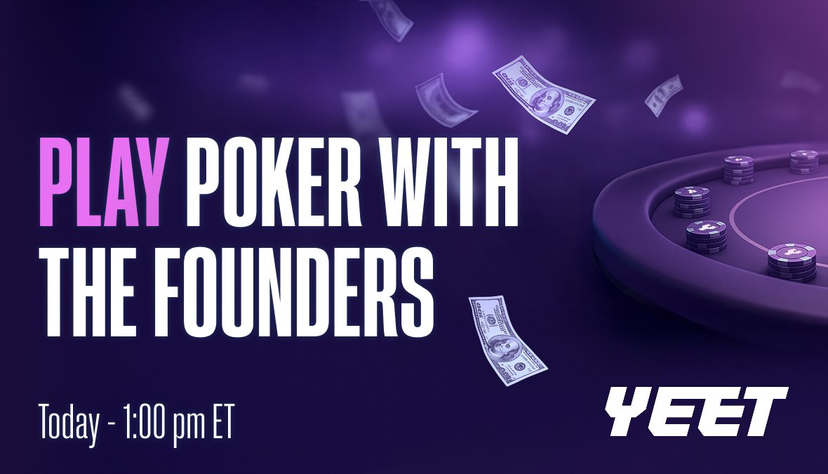 YEET (@yeet) on Twitter photo YEET Poker Freeroll Tournament. Today @ 1pm ET.
$5k prize pool + $500 bounty on each founder. Open to players ranked Silver and higher.
Play at: app.playsopo.com/link/P4Hd2vSbg…
@YEET x <a href="/PlaySOPO/">Social Poker</a> YEET Poker Freeroll Tournament. Today @ 1pm ET.
$5k prize pool + $500 bounty on each founder. Open to players ranked Silver and higher.
Play at: app.playsopo.com/link/P4Hd2vSbg…
@YEET x <a href="/PlaySOPO/">Social Poker</a>