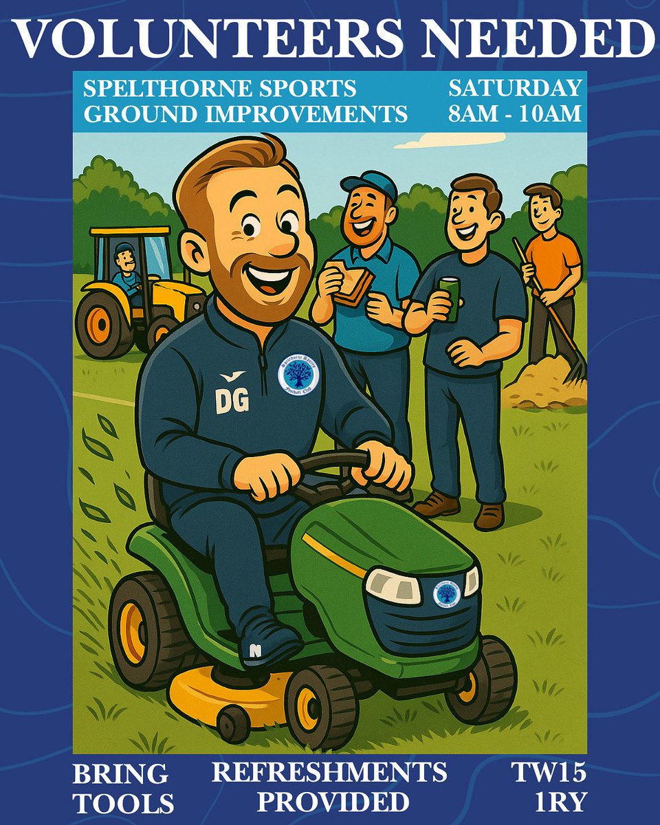 This Saturday | 8am–10am
Spelthorne supporters &amp; local tradesmen — we need a few extra hands at the ground.

Even an hour helps. Bring hand tools if you can.
Led by Vice Chairman Dan Green.
📍 Spelthorne Sports Ground, TW15 1RY
Refreshments provided.

Share the post — thank you!