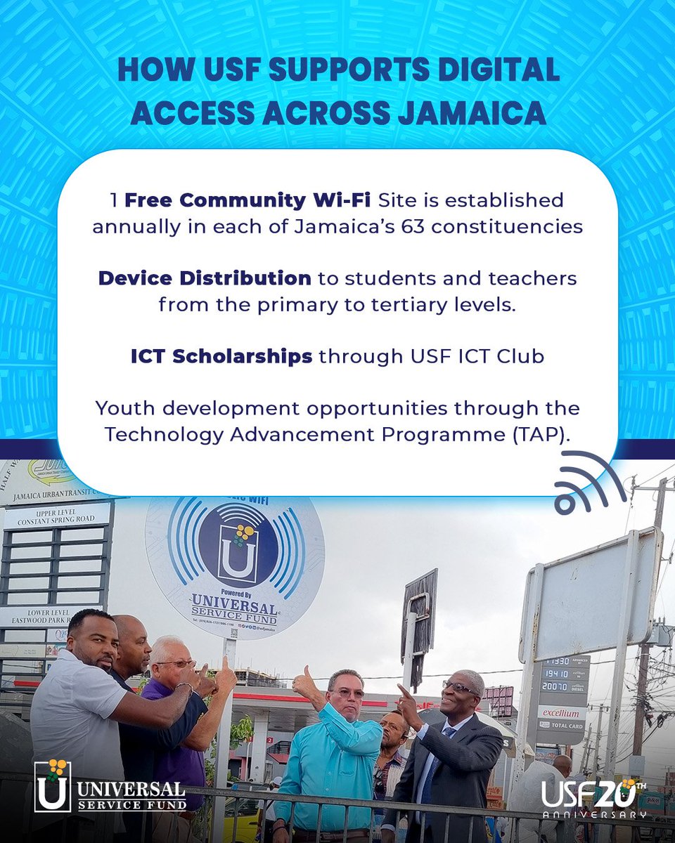 usfjamaica's tweet photo. USF is powering education across Jamaica! 
From devices and ICT scholarships to digital skills via TAP, we’re making learning go further.
Plus, free community Wi-Fi in every parish!
#DigitalInclusion #EducationalTips #USF20 https://t.co/B52ed4awF0