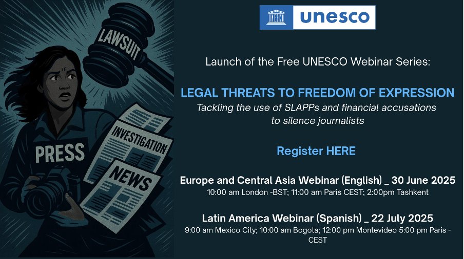 🎙️ Media Defence Legal Director, Pádraig Hughes, will be speaking at the upcoming @unesco.org Webinar on Legal Threats to Freedom of Expression, focused on Europe and Central Asia.

🕙 10:00 BST | 11:00 CEST | 14:00 Tashkent
🌐 Language: English
🔗  unesco-org.zoom.us/webinar/regist…