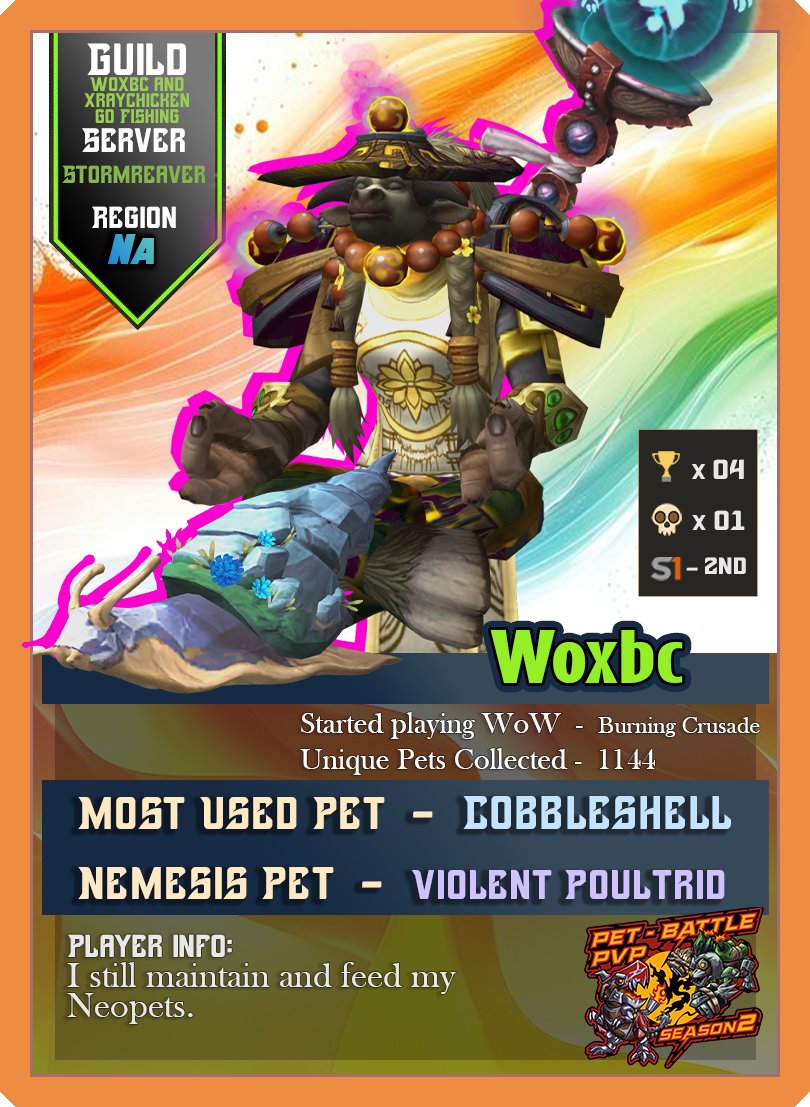 VALOR (@vlr_valorgaming) on Twitter photo PET BATTLE PVP NA FINALS
Meet the competitors
Today's spotlight: Woxbc
📅 NA Finals – June 28th
📺 twitch.tv/vlr_valorgaming
💜 All donations support <a href="/PawsYourGame/">🎮 Paws Your Game 🐾</a>
Support from: <a href="/RaiderIO_WoW/">Raider.IO 💙</a> | <a href="/icyveins/">Icy Veins</a> | <a href="/WarcraftPets/">WarcraftPets</a> | WoW-petguide.com PET BATTLE PVP NA FINALS
Meet the competitors
Today's spotlight: Woxbc
📅 NA Finals – June 28th
📺 twitch.tv/vlr_valorgaming
💜 All donations support <a href="/PawsYourGame/">🎮 Paws Your Game 🐾</a>
Support from: <a href="/RaiderIO_WoW/">Raider.IO 💙</a> | <a href="/icyveins/">Icy Veins</a> | <a href="/WarcraftPets/">WarcraftPets</a> | WoW-petguide.com