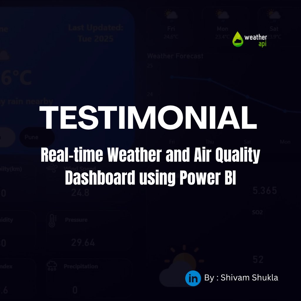 weatherapidev's tweet image. 📊 Real-time Weather & Air Quality Dashboard using Power BI + WeatherAPI!
Live city data, AQI alerts, dynamic visuals—smart, scalable & user-friendly. 🌦️📈
#WeatherAPI #PowerBI #DataAnalytics #AirQuality #RealtimeWeather #DashboardDesign