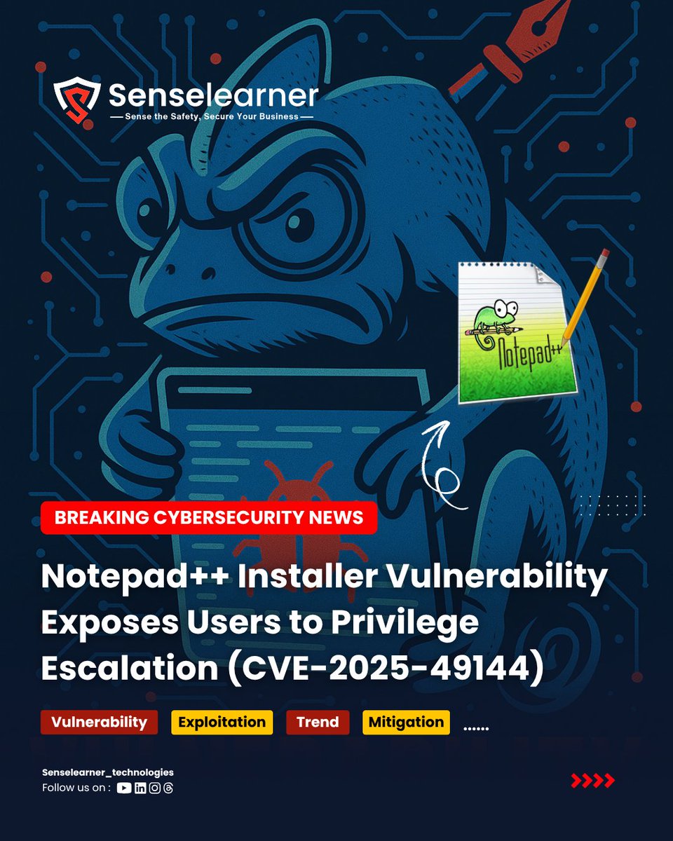 SenselearnerL's tweet image. Critical flaw in Notepad++ installer exposes systems to privilege escalation.
#CyberSecurity #PrivilegeEscalation #NotepadPlusPlus #CVE2025 #InfosecAlert