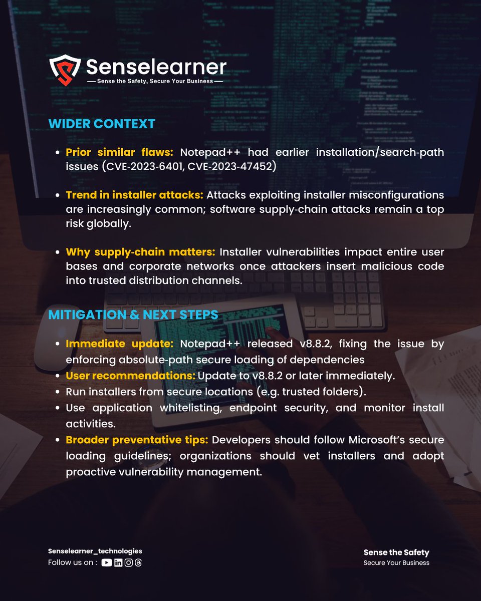 SenselearnerL's tweet image. Critical flaw in Notepad++ installer exposes systems to privilege escalation.
#CyberSecurity #PrivilegeEscalation #NotepadPlusPlus #CVE2025 #InfosecAlert