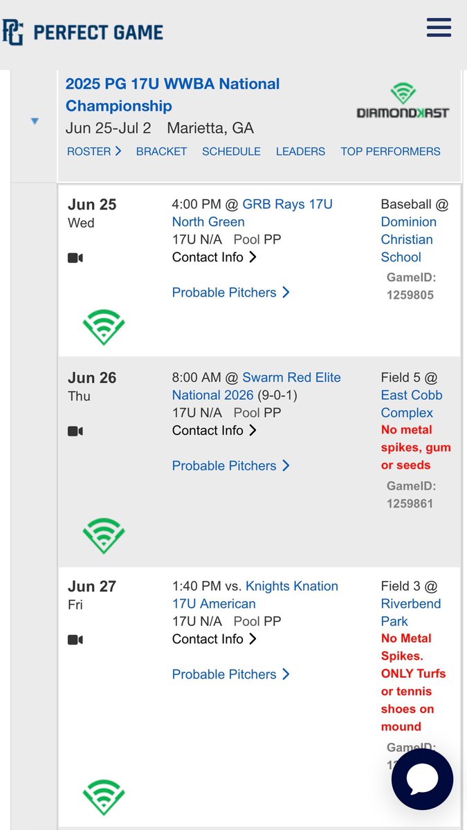 Here is my schedule for WWBA I will be playing with FTB Tennessee national