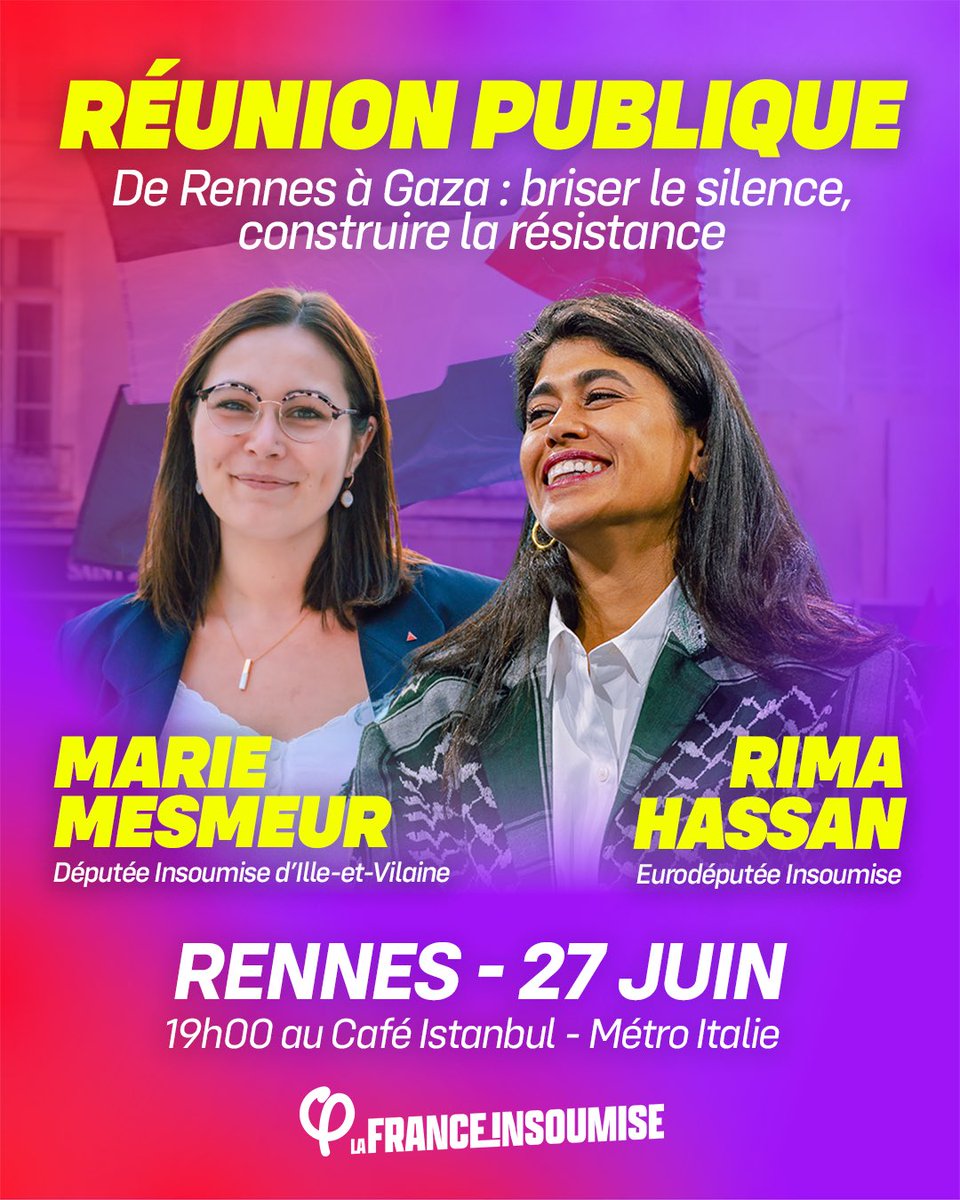 🔥RIMA HASSAN À #RENNES CE VENDREDI !

J’ai l’honneur d’accueillir <a href="/RimaHas/">Rima Hassan</a> pour une réunion publique dans le quartier d’Italie : contre le génocide en Palestine, brisons le silence et affirmons notre humanité !

Soyons nombreux ce vendredi 27 juin pour défendre la paix🇵🇸