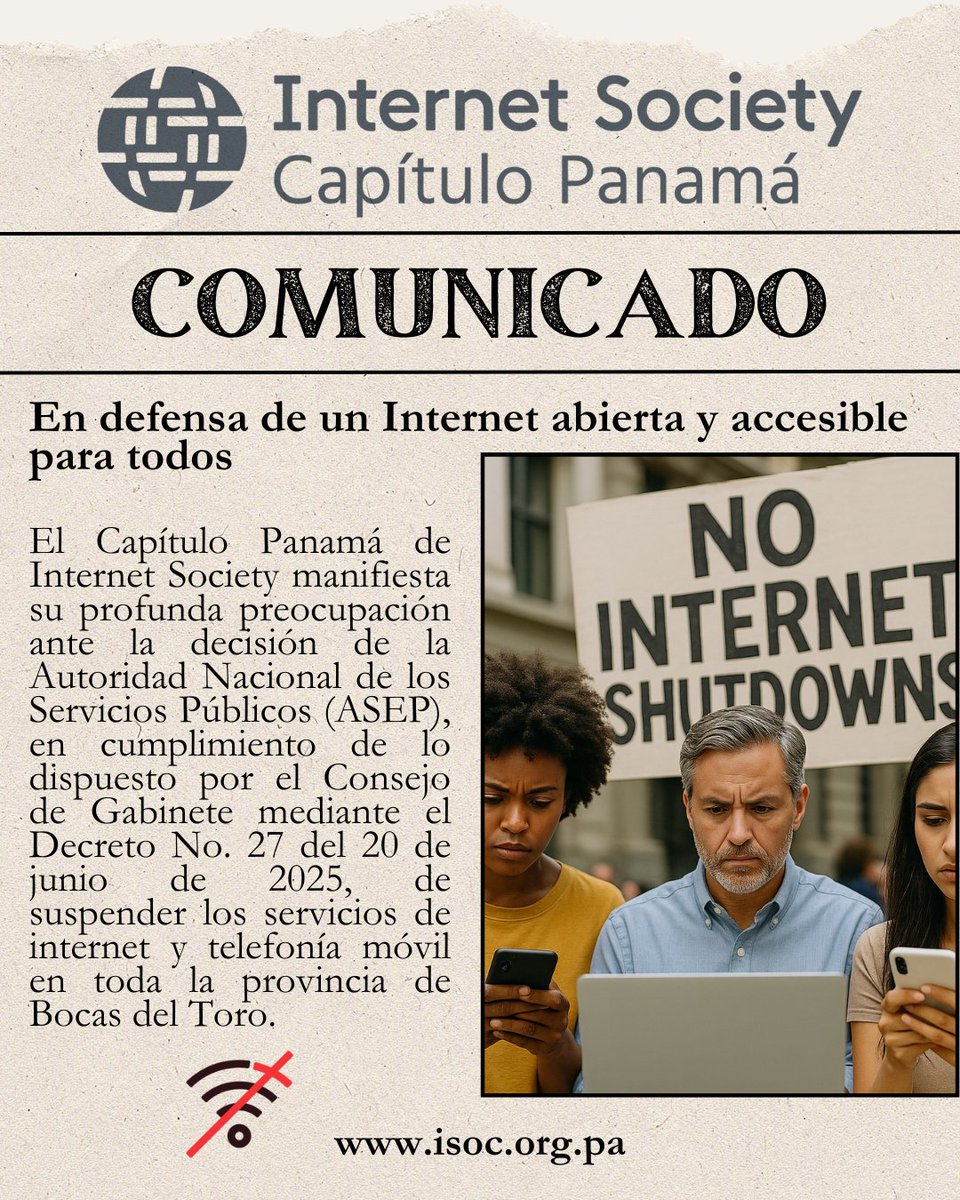 ISocPanama's tweet image. 🚨 ISOC Panamá expresa preocupación por el bloqueo de Internet en Bocas del Toro.
La medida castiga a la población civil y no soluciona la violencia.
📄 Comunicado 👉 isoc.org.pa/comunicado-boc…
#Bocas #InternetAbierta #DerechosDigitales #KeepItOn @DefensoriaPan @internetsociety