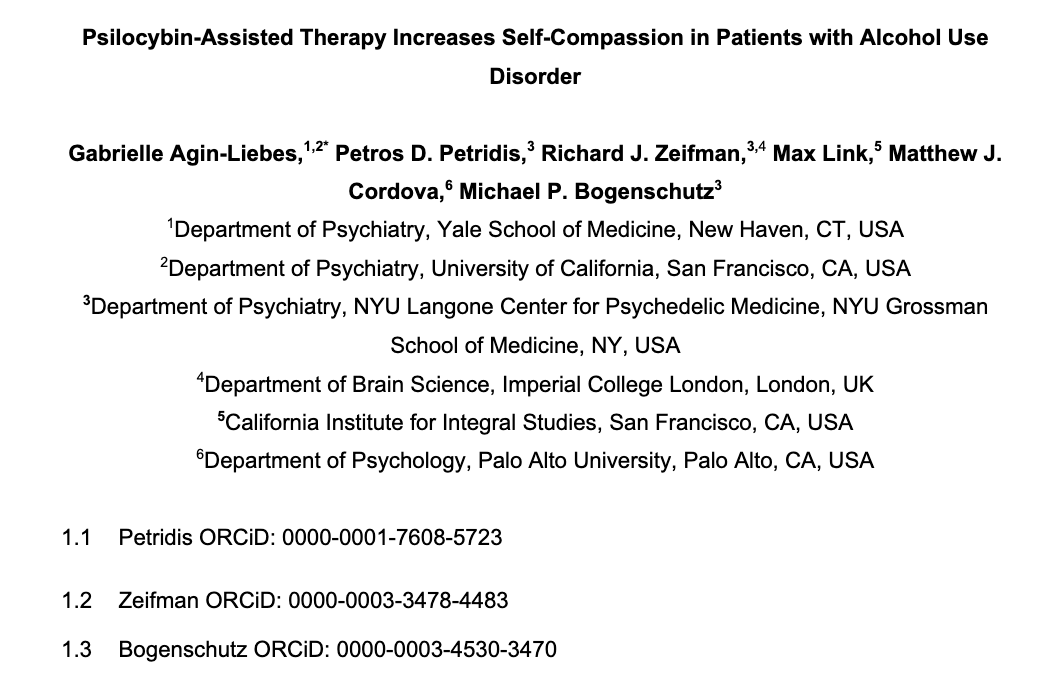 RickZeifman's tweet photo. Great to see this pre-print (led by Gabby Agin-Liebes) out in the world! 

Psilocybin-Assisted Therapy Increases Self-Compassion in Patients with Alcohol Use Disorder https://t.co/lyt2xUtxk3 via @OSFramework https://t.co/7iP1blrgSo